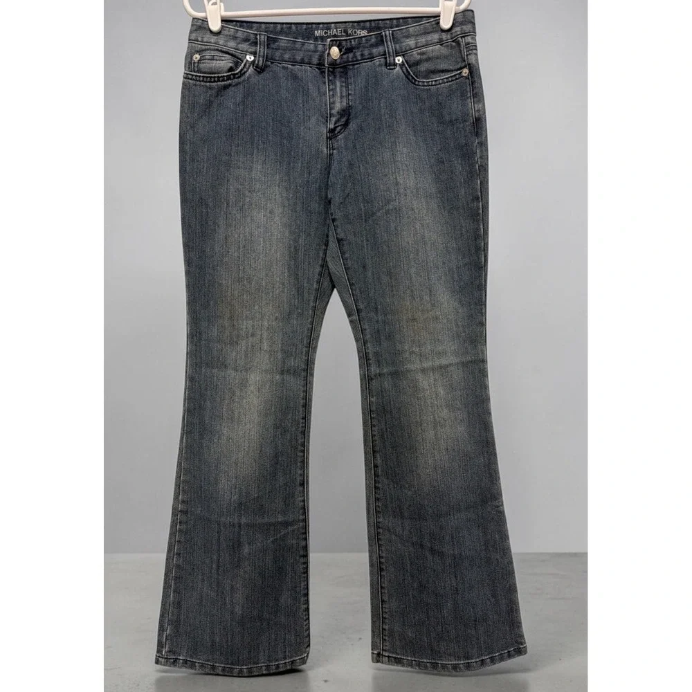 Michael Kors Women's Blue Denim Bootcut Jeans, Size 8P Dark Wash, Mid-Rise, Logo